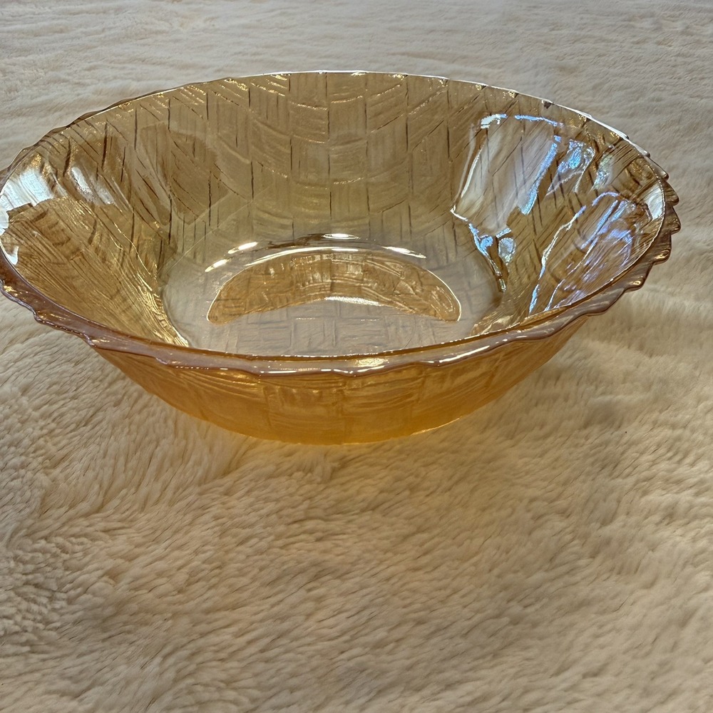 Vintage Iridescent Marigold Carnival Glass Basket Weave Patterened Bowl 9x3